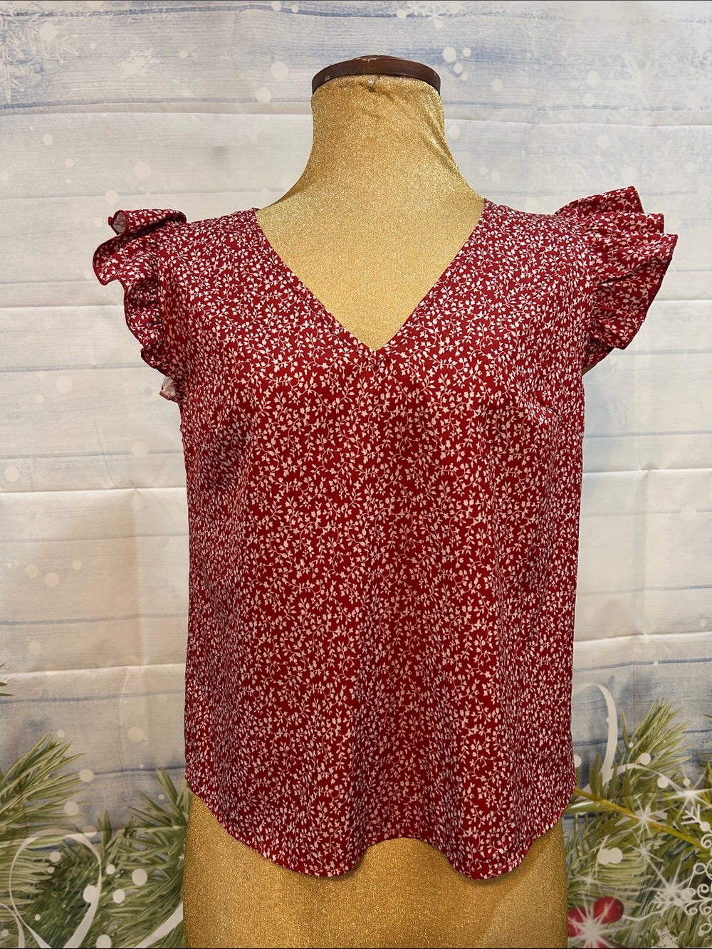 Women's Red Floral V-Neck Ruffle Sleeve Top